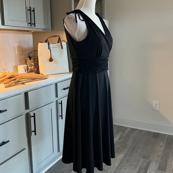 Little Black Dress with Shoulder Ties Cummerbund Waist Midi Length Size Small - Picture 4 of 9